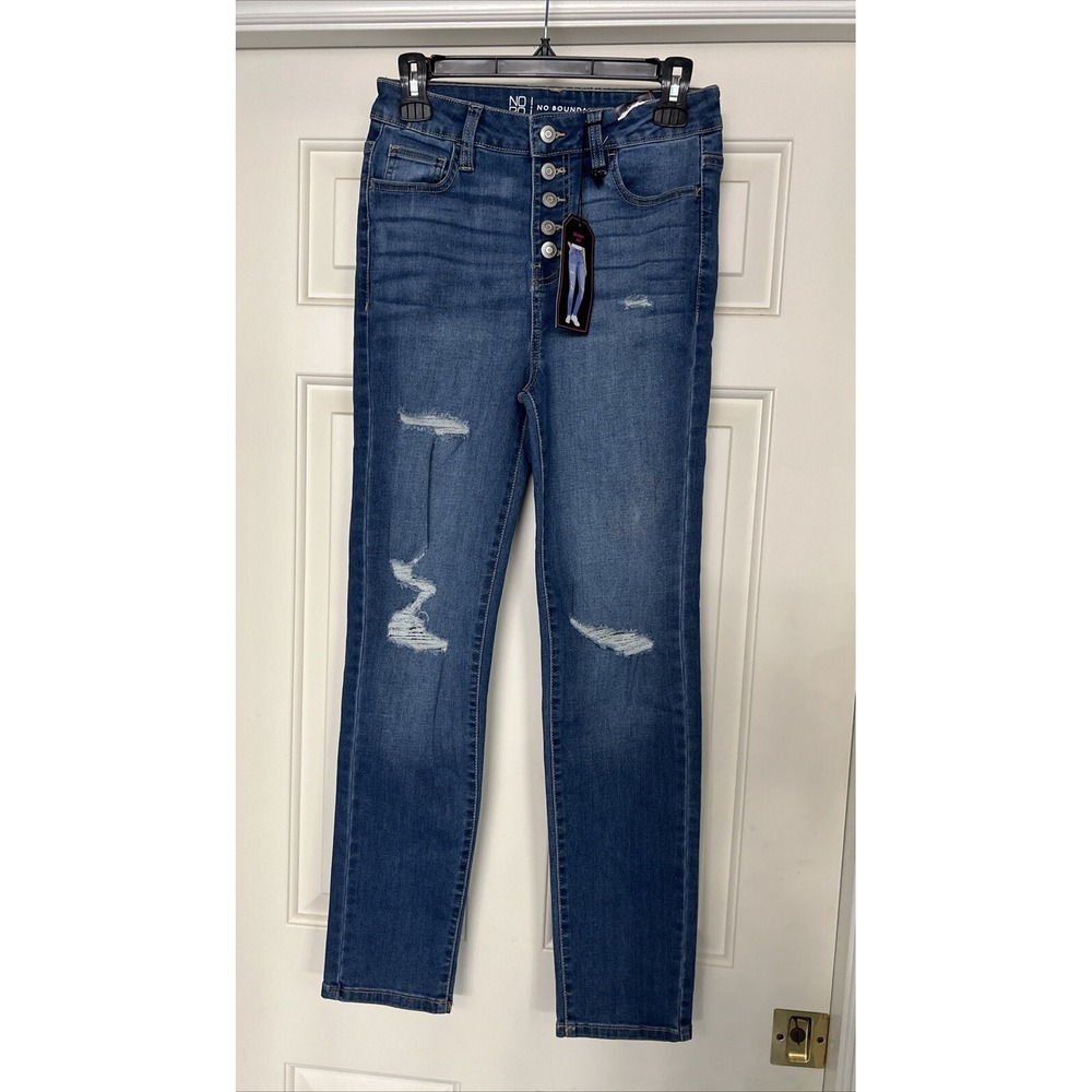 No Boundaries Button Front Jeans Juniors Size 5 Distressed High Rise Blue Skinny